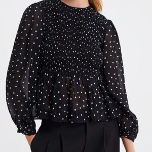 Zara Black and White Polka Dot Smocked Peplum Blouse Size Small